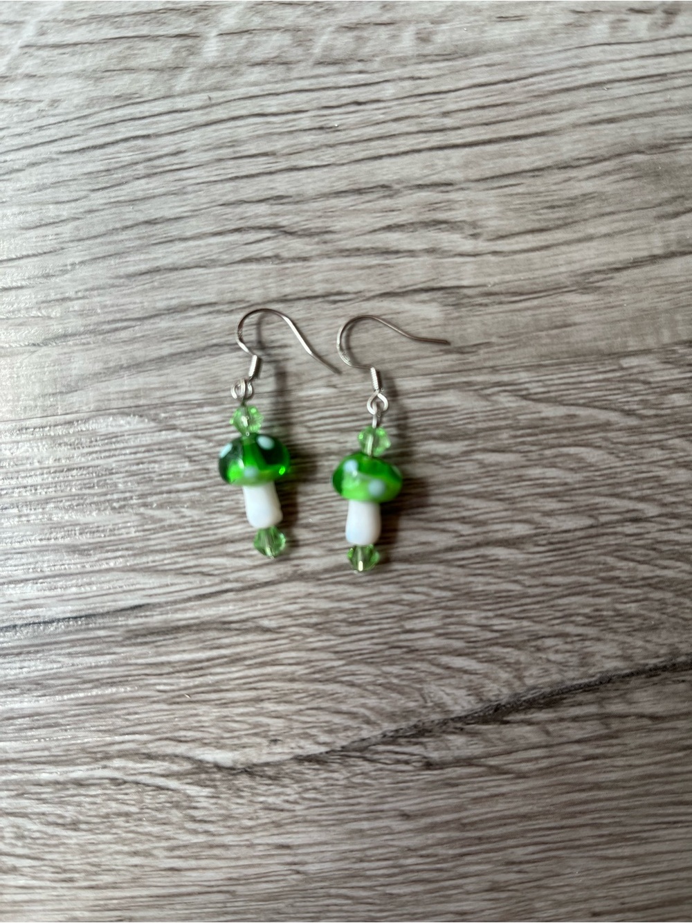 Green Glass Mushroom Drop Earrings with Crystal Beads